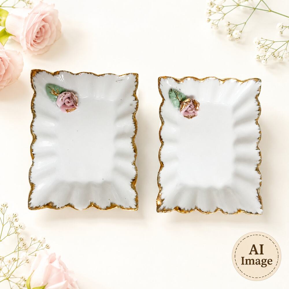 💍🌹2 Vintage Royal Sealy Tea Bag Tidy Holders Pink Rose Ring Trinket Dishes